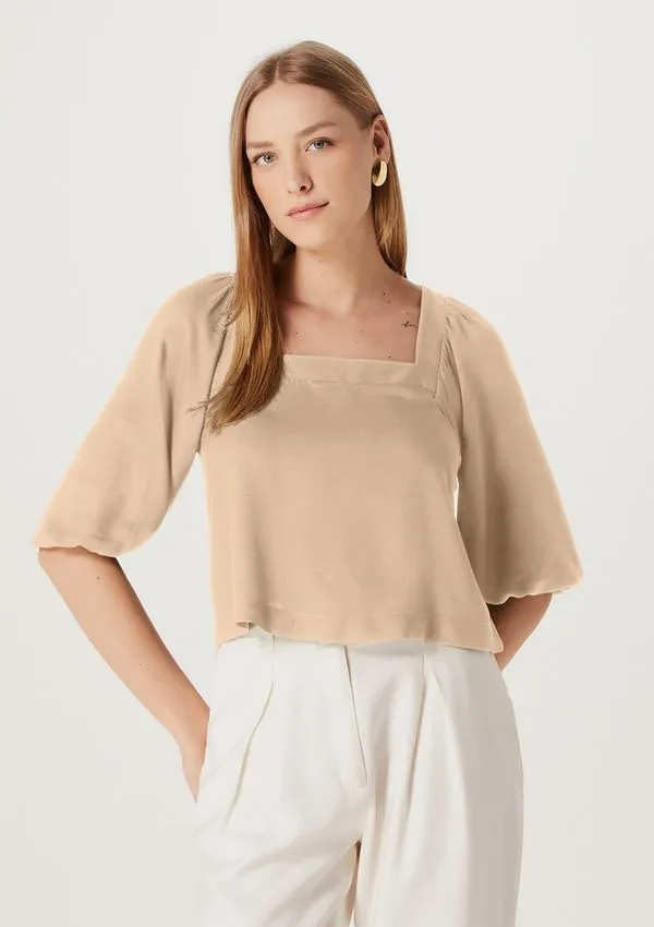Blusa Cropped Feminina Manga 3/4 - Bege G