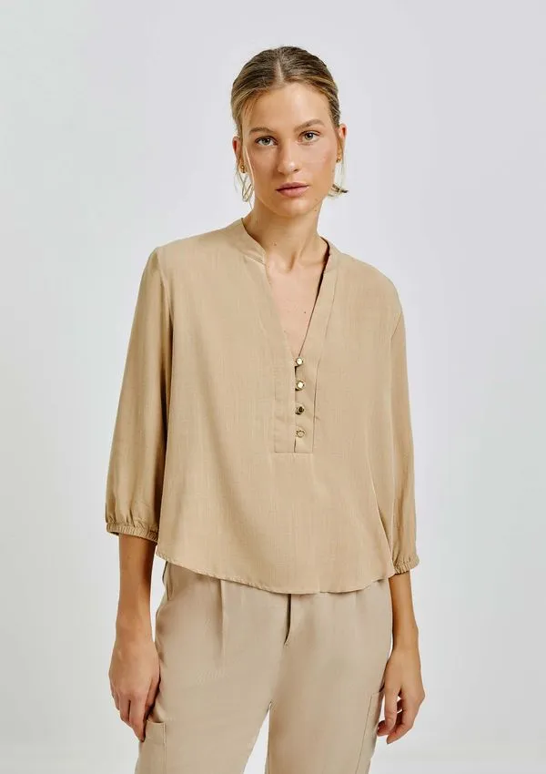 Blusa Básica Feminina Manga 7/8 Bufante - Bege XP