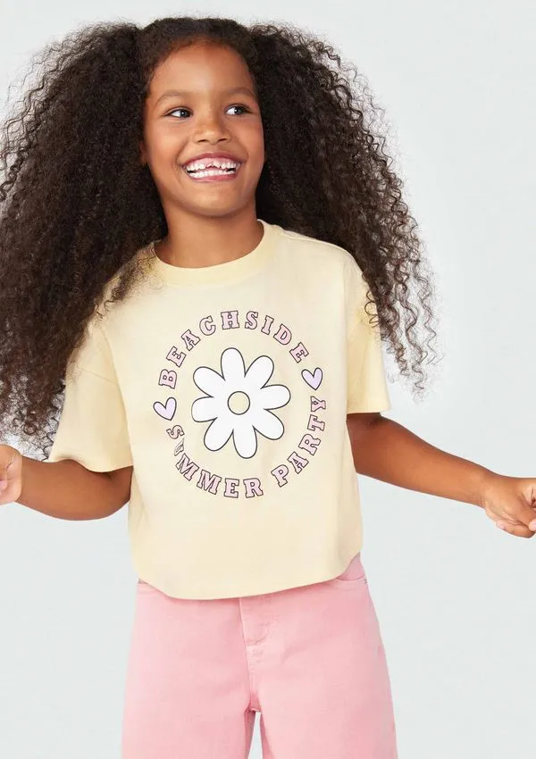 Blusa Cropped Infantil Menina Manga Curta - Amarelo 012
