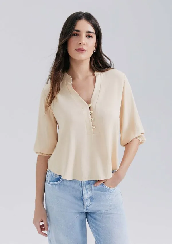 Blusa Básica Feminina Manga 3/4 Bufante - Amarelo M