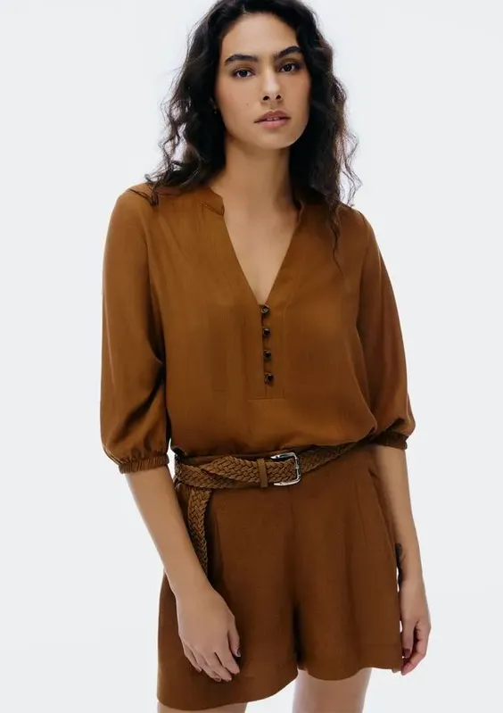 Blusa Básica Feminina Manga 7/8 Bufante - Marrom G
