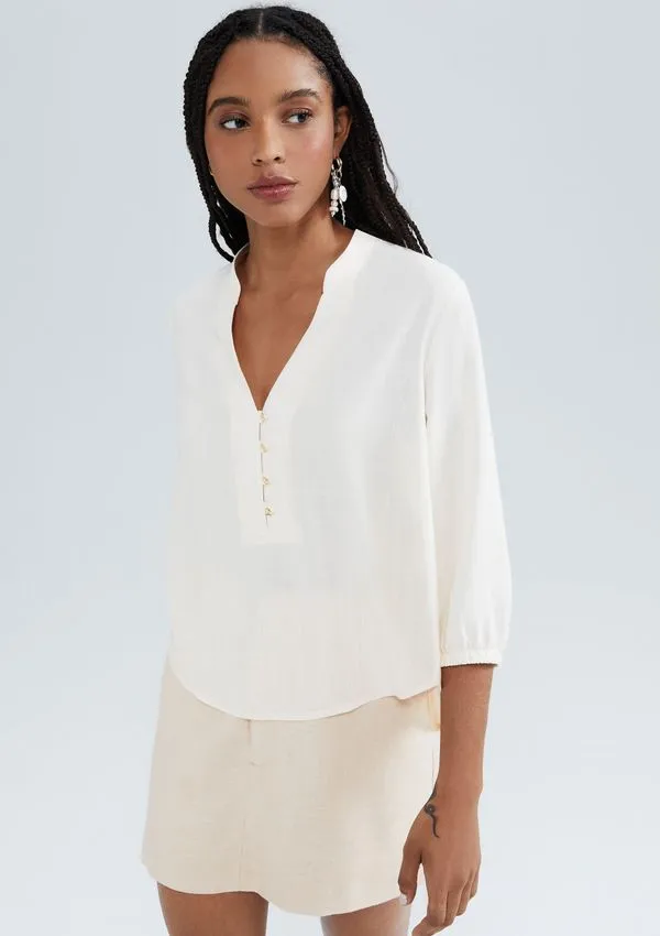 Blusa Básica Feminina Manga 7/8 Bufante - Creme XP