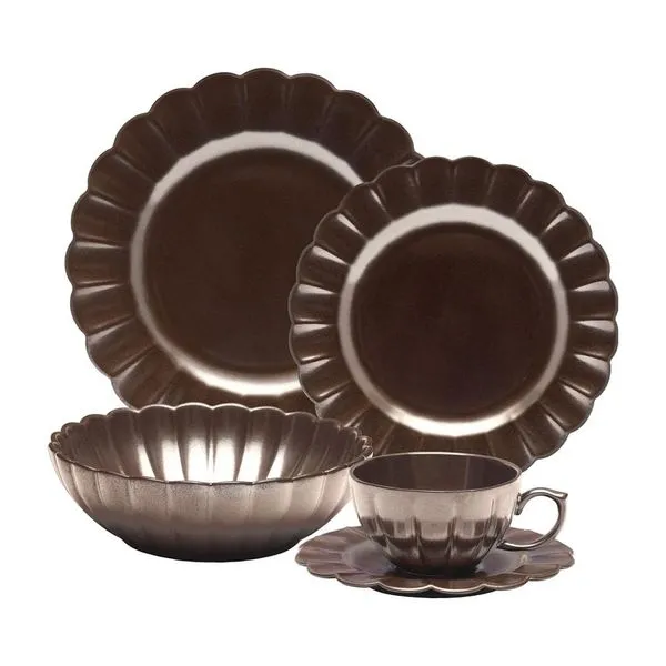 Jogo de Jantar Chá 30 Pçs Porcelana Oxford Flora Anis: Marrom Metalizado