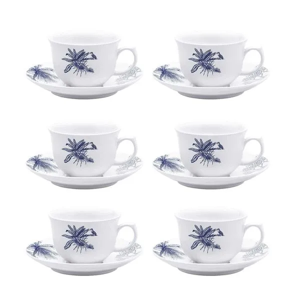 Jogo de 6 Xícaras Grandes 240 Ml Com Pires Flamingo Toile de Jouy