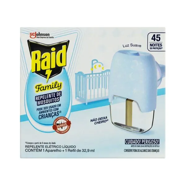 Kit Aparelho Elétrico Repelente Raid Family 1 Unidade + Repelente Líquido Raid Family Refil 32,9ml 1 Unidade