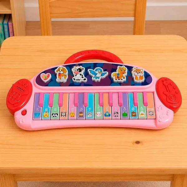 Piano Teclado Infantil Musical Sons de Animais Teclas Coloridas Rosa