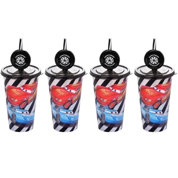 4 Copos Carros Relâmpago Mcqueen 500ml Estampado Tampa Canudo Decoração Roda