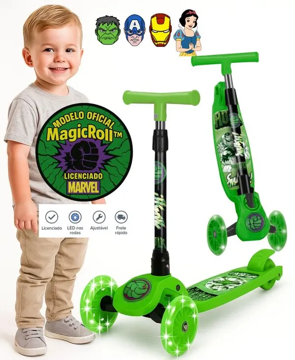 Patinete Infantil 3 Rodas Marvel Avengers - LED, Altura Ajustavel, 3+ Hulk