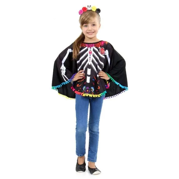Fantasia Poncho Caveira Mexicana - Halloween Fantasia Infantil - Halloween - Mexicana - Poncho - Sulamericana - M