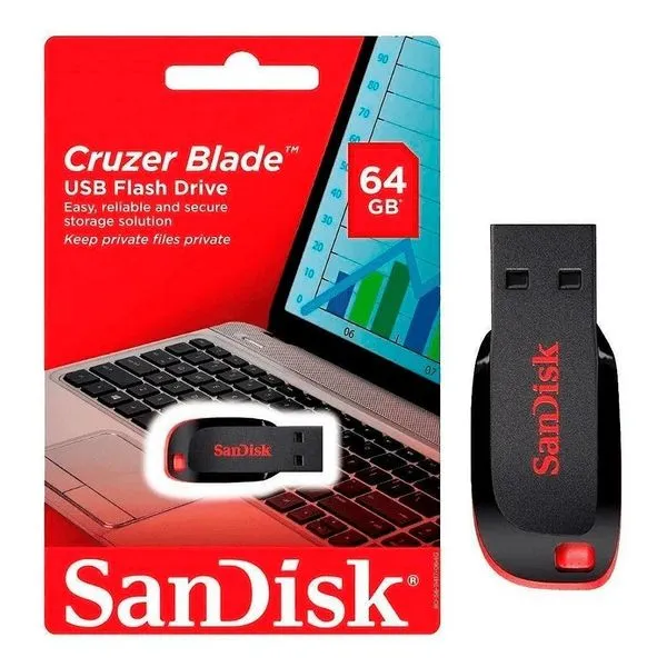 Pen Drive Sandisk Cruzer Blade 64gb 2.0 Preto E Vermelho