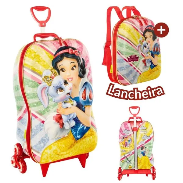 Mochila e Mala Infantil com Rodinhas Branca de Neve 3D + Lancheira – Volta às Aulas