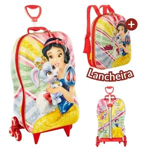Mochila e Mala Infantil com Rodinhas Branca de Neve 3D + Lancheira – Volta às Aulas