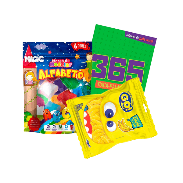 Kit Infantil 365 Caça Palavras Ciranda Cultural + Massa de Modelar Alfabeto Magic Kids + Bala de Gelatina Go Jelly Banana 70g