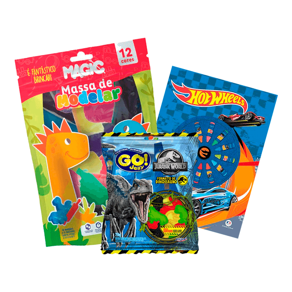 Kit Infantil Hot Wheels Universo Radical Ciranda Cultural + Massa de Modelar Dino Magic Kids + Bala de Gelatina Formato de Dinossauro Go Jelly 70g