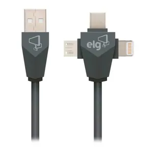 Cabo USB ELG, 3 em 1 Lightning/Micro USB/Tipo-C, 1.5M, Cinza, PW31C