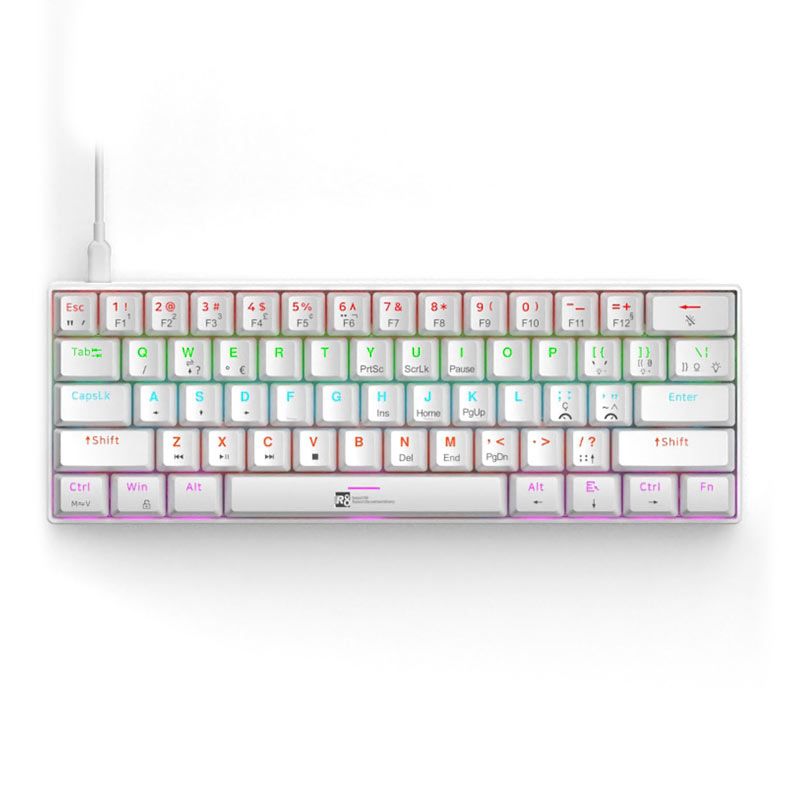 Teclado Mecanico R8 1037, RGB, ABNT2, Switch Azul, Branco, R8-1037WH-RBW-ABNT2