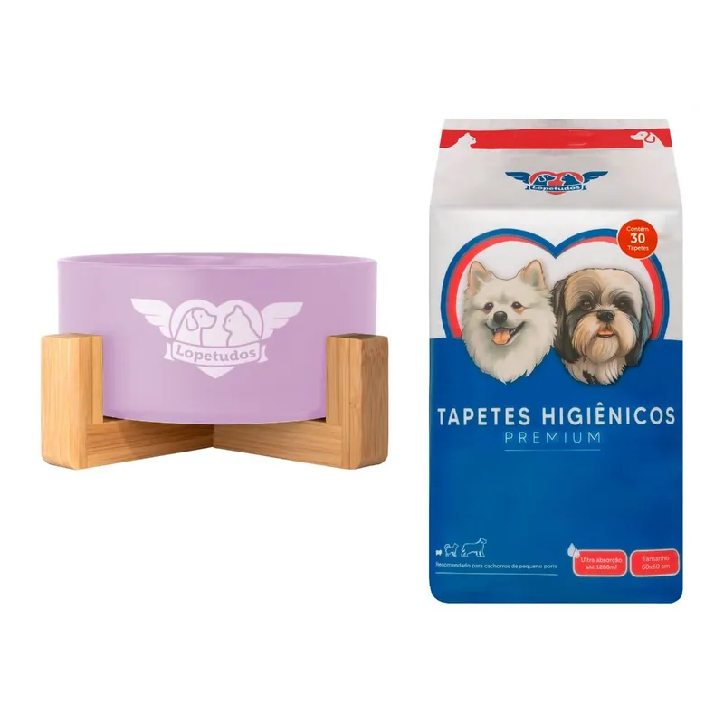 Kit Comedouro e Tapete, CleanCeram1 720ml Roxo, Tapete Higienico 60x60cm