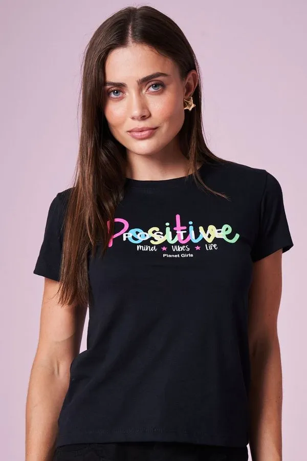 Camiseta Feminina Estampa Positive Planet Girls Preto M