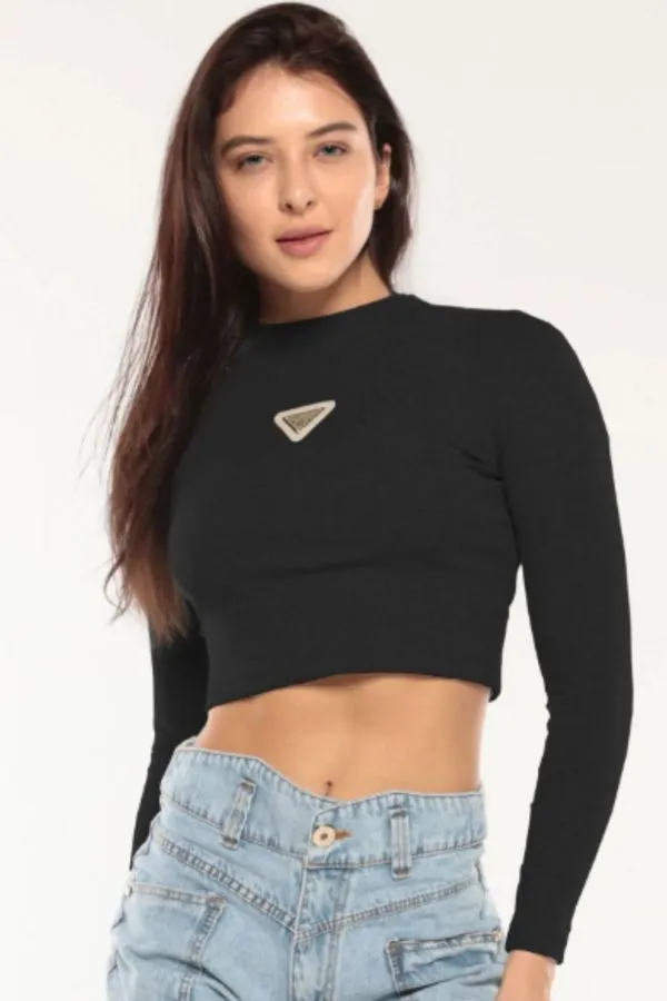 Blusa Feminina Manga Longa Aplique Planet Girls Preto G3