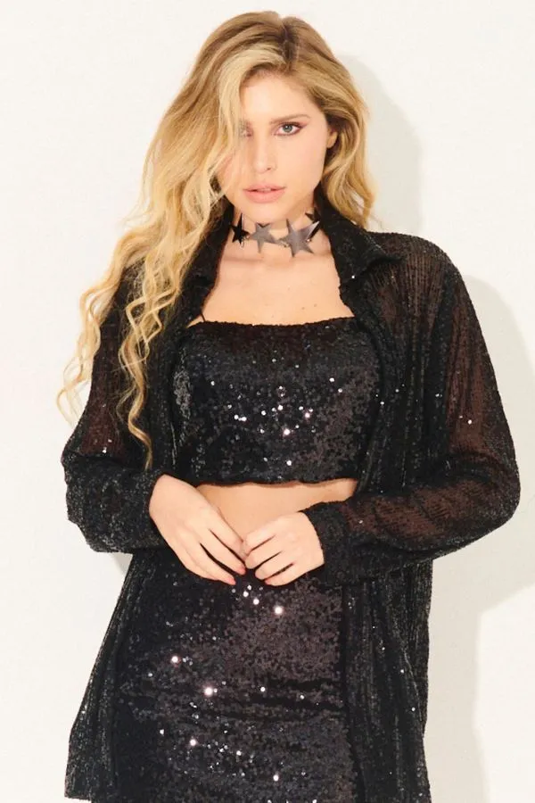 Camisa Feminina Social Paetê Planet Girls Preto PP