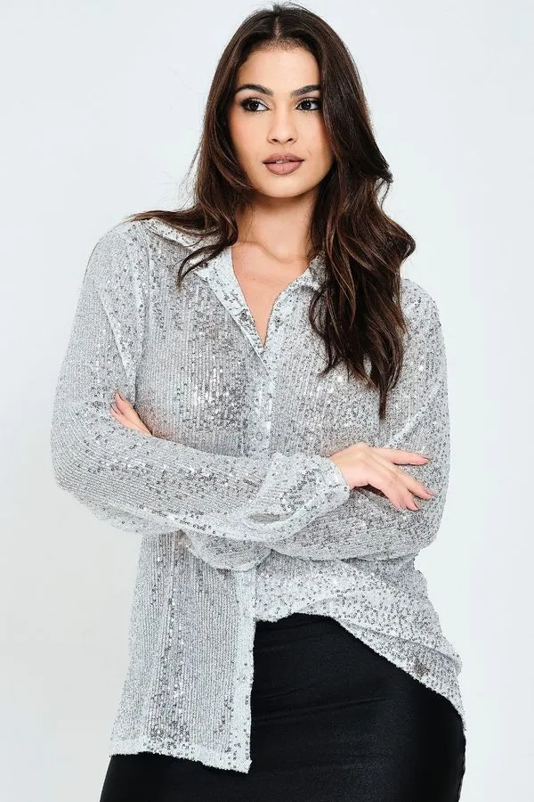 Camisa Feminina Social Paetê Planet Girls Prata PP