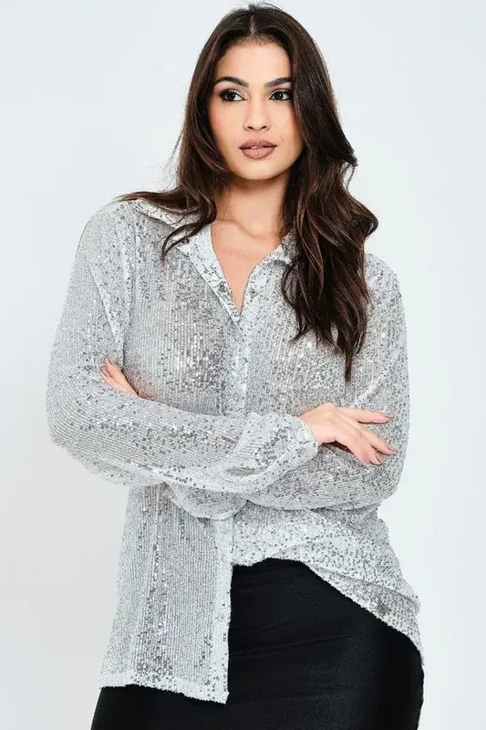 Camisa Feminina Social Paetê Planet Girls Prata PP