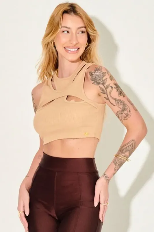 Cropped Feminino Canelada Decote Vazado Planet Girls Bege Médio PP