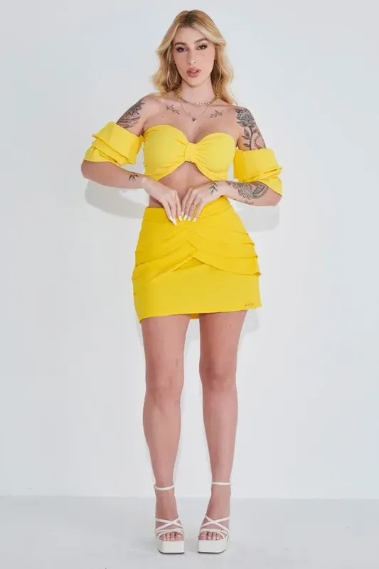 Saia Curta Crepe Babados Lisa Planet Girls Amarelo Médio G