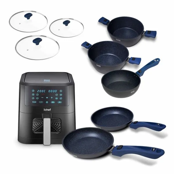 Super Combo Ichef Ultra 5 Panelas com 3 Tampas Azul e Ichef Airfryer Vision Smart 6L | 220V