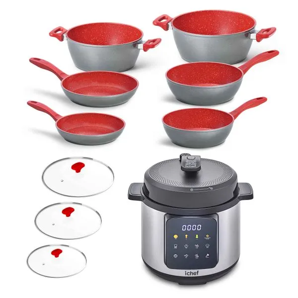 Super Combo Panelas Polishop 6 Panelas com 3 Tampas Vermelha e Panela de Pressão Elétrica Master Cooker 6L | 220V