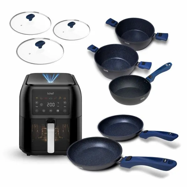 Super Combo Ichef Ultra 5 Panelas com 3 Tampas Azul e Ichef Airfryer Max Space 8L | 220V