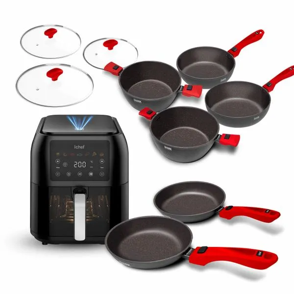 Super Combo Ichef Ultra 6 Panelas com 3 Tampas Vermelha e Airfryer Max Space 8L | 127V