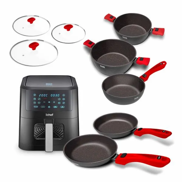 Super Combo Ichef Ultra 5 Panelas com 3 Tampas Vermelha e Ichef Airfryer Vision Smart 6L | 127V