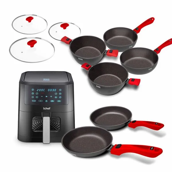 Super Combo Ichef Ultra 6 Panelas com 3 Tampas Vermelha e Airfryer Ichef Smart Vision 6L | 220V