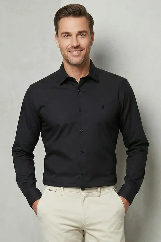 Camisa Masculina Slim Fit Premium Polo Wear Preto Camisa Masculina Manga Longa Polo Wear Preto G