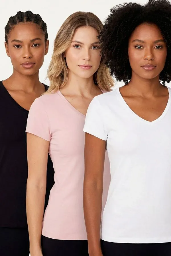 Kit 3 Camisetas Femininas Gola v Polo Wear Sortido P
