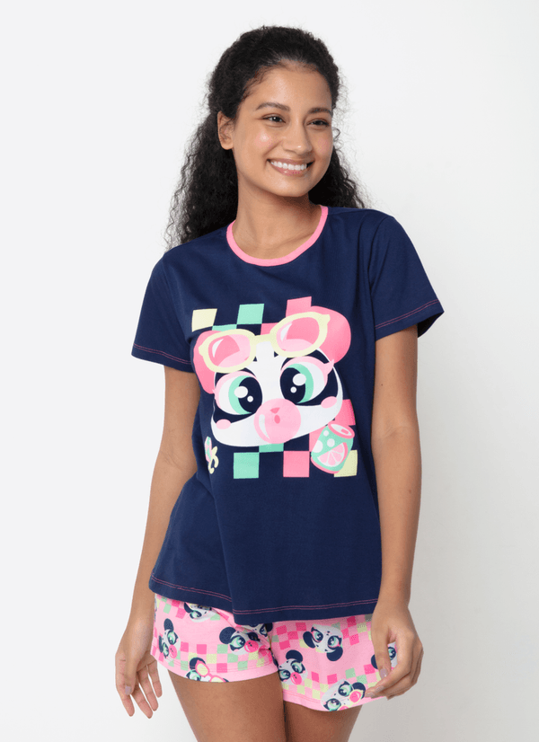 Pijama Manga Curta Algodão Feminino Panda Miami PP