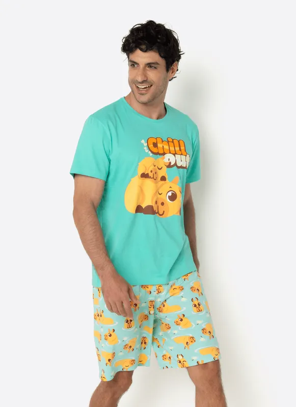 Pijama Manga Curta Algodão Masculino Capivara Vibes GG