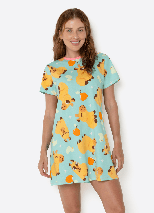 Camisola Manga Curta Algodão Feminina Capivara Vibes PP