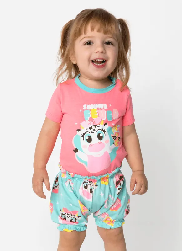 Pijama Manga Curta Viscolycra Bebê Menina Vaca Summer 6 A 9 MESES