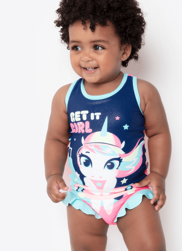 Maiô Bebê Menina Unicórnio Skate 6 A 9 MESES