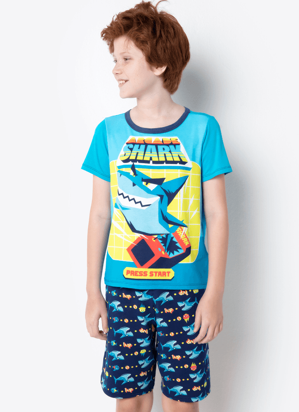 Pijama Manga Curta Menino Viscolycra Tubarão Gamer 1