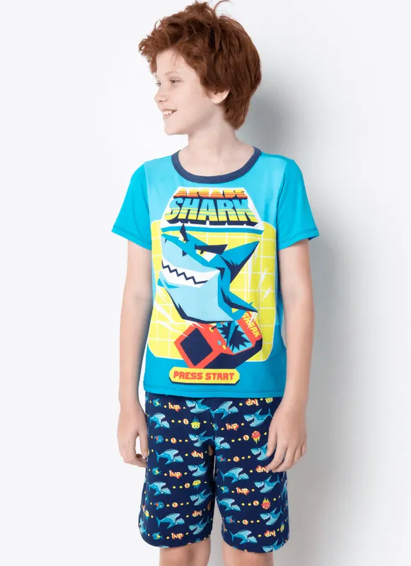 Pijama Manga Curta Menino Viscolycra Tubarão Gamer 1