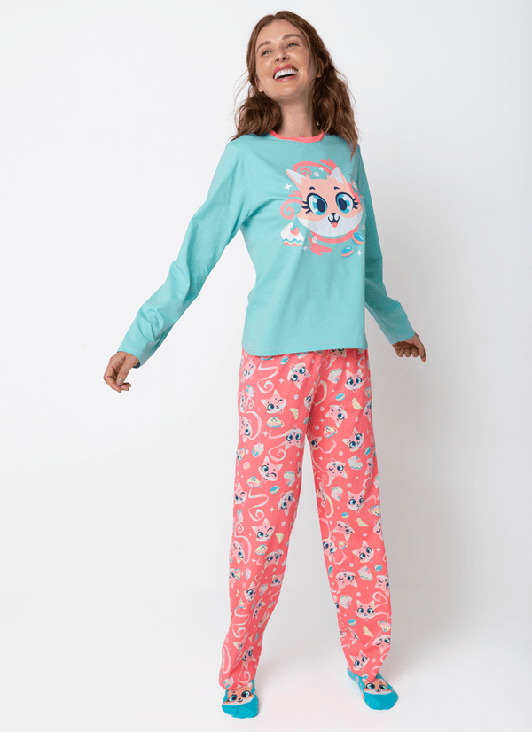 Pijama Manga Longa Algodão Feminino Raposa Confeiteira PP