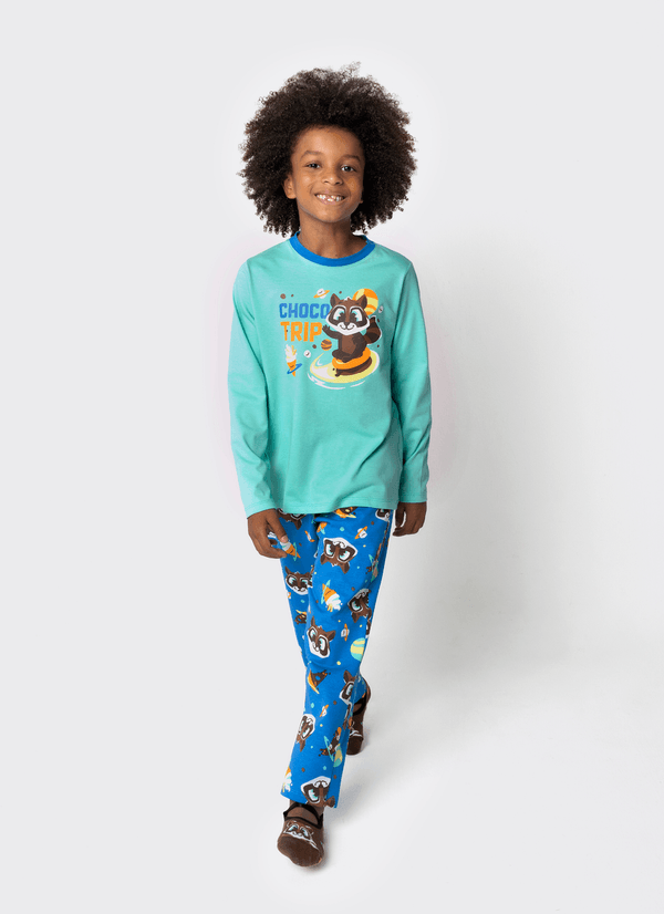 Pijama Manga Longa Algodão Menino Guaxinim Chocolate 4