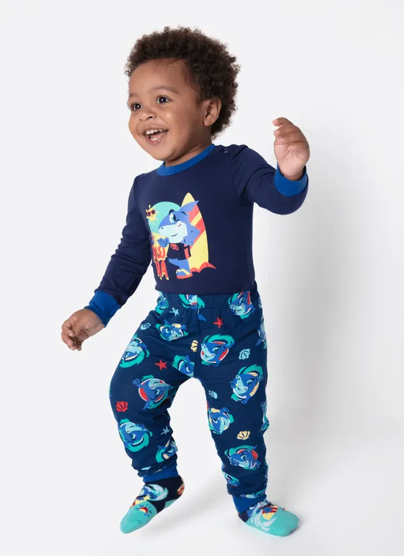 Pijama Manga Longa Viscolycra Bebê Menino Tubarão Aloha 9 A 12 MESES
