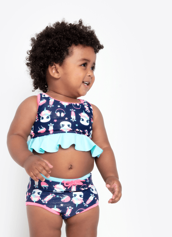 Biquíni Bebê Menina com Proteção Solar Unicórnio Skate 6 A 9 MESES
