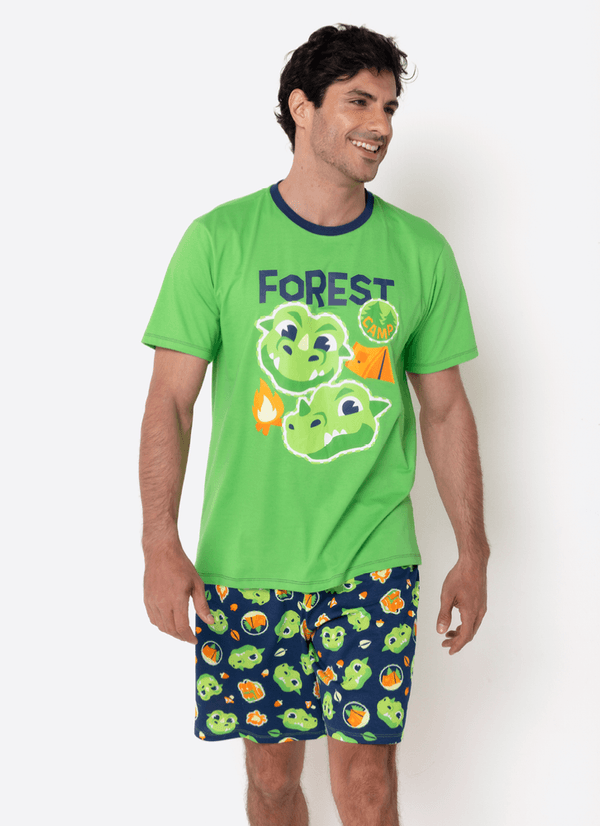 Pijama Manga Curta Algodão Masculino Dragão Camping P