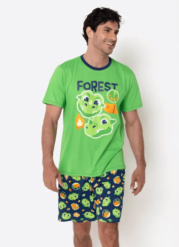 Pijama Manga Curta Algodão Masculino Dragão Camping PP