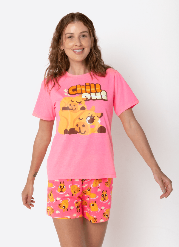 Pijama Manga Curta Feminino Capivara Vibes P